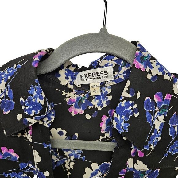 Express Portofino Floral Striped Shirt Blouse Top S Roll Tab *FLAW - Picture 5 of 7